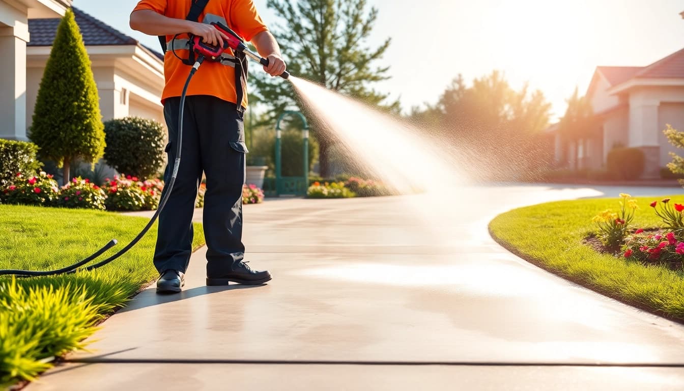 Driveway cleaning in action, showcasing a professional removing dirt and stains effectively.