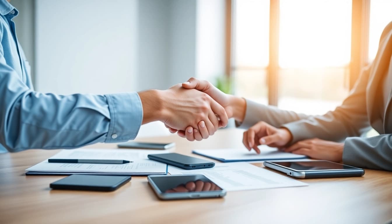 Engaged professionals negotiating escrow services with documents in a modern office.