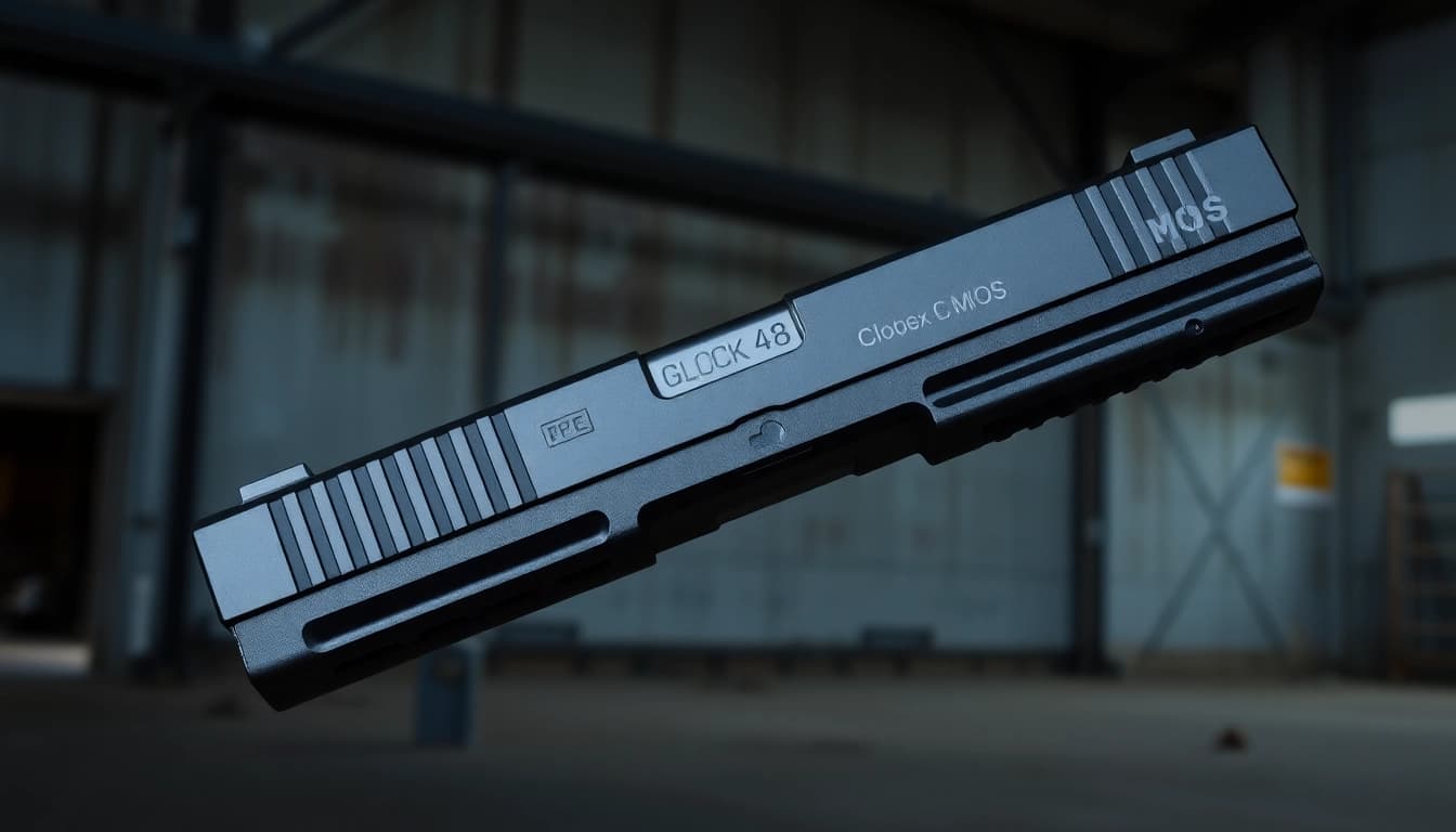 Glock 48 mos slide complete displayed with precision against an industrial backdrop.