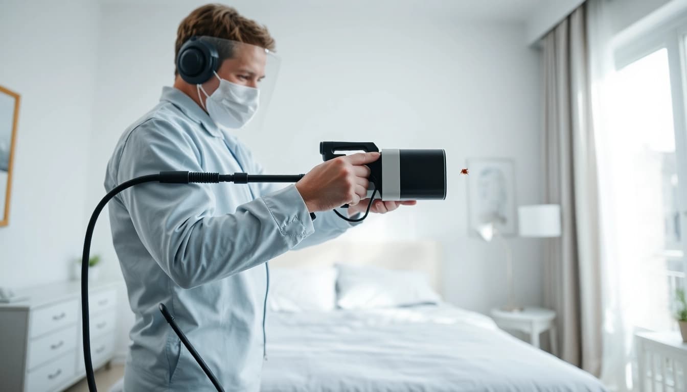 Technician conducting bed bug removal treatment in a bright, clean bedroom setting.