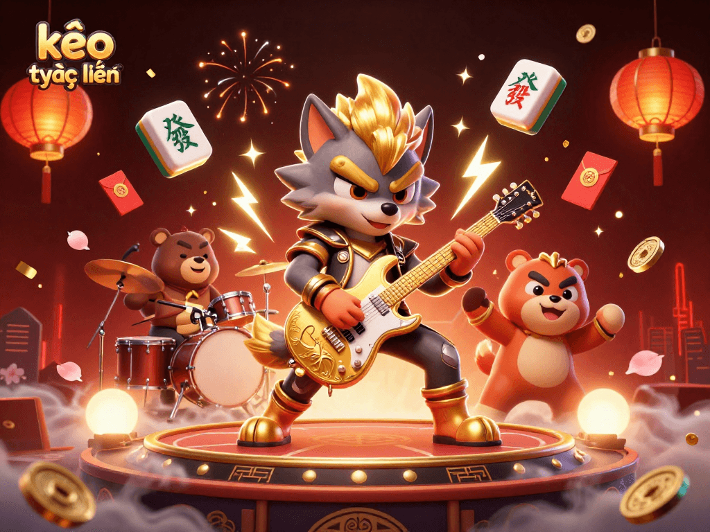 Experience kèo trực tuyến with a thrilling scene of a rock star wolf and drummer bear in a vibrant casino setting.