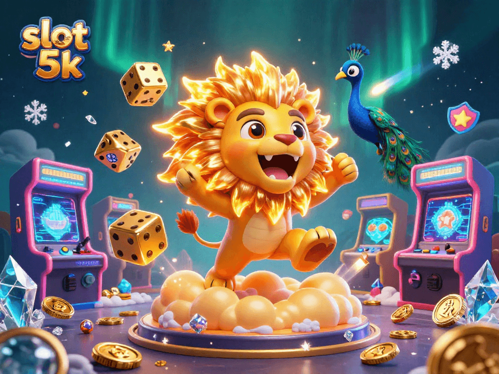 Experience thrilling action with slot 5k surrounded by vibrant gaming elements in an animated casino scene.