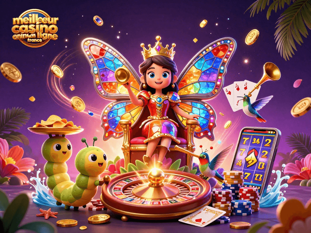 Illustration dynamique du meilleur casino en ligne France avec une reine papillon colorée au trône, des jetons dorés et des éléments de jeu captivants.