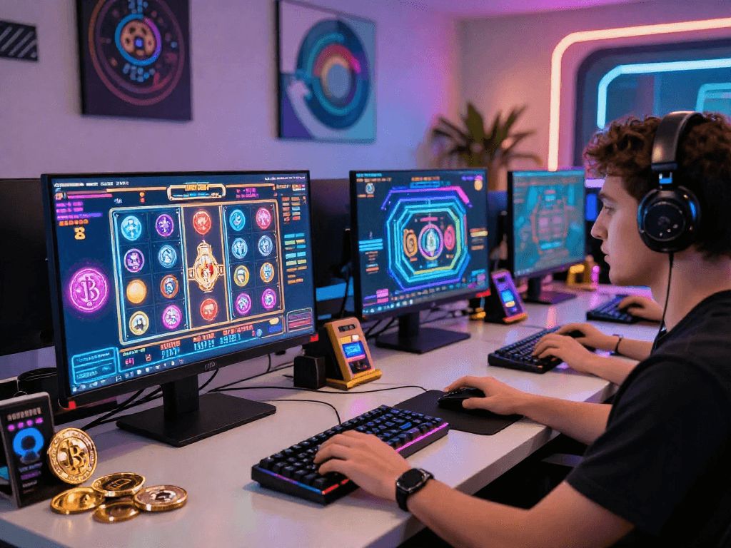 Engaging crypto casino gaming setup with vibrant screens and neon decor, highlighting online gaming excitement.