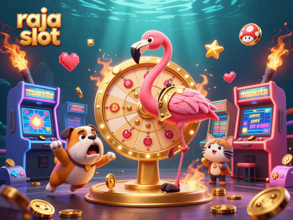 Engage with raja slot designs featuring a dynamic game show scene with cartoon characters and vibrant gaming elements.