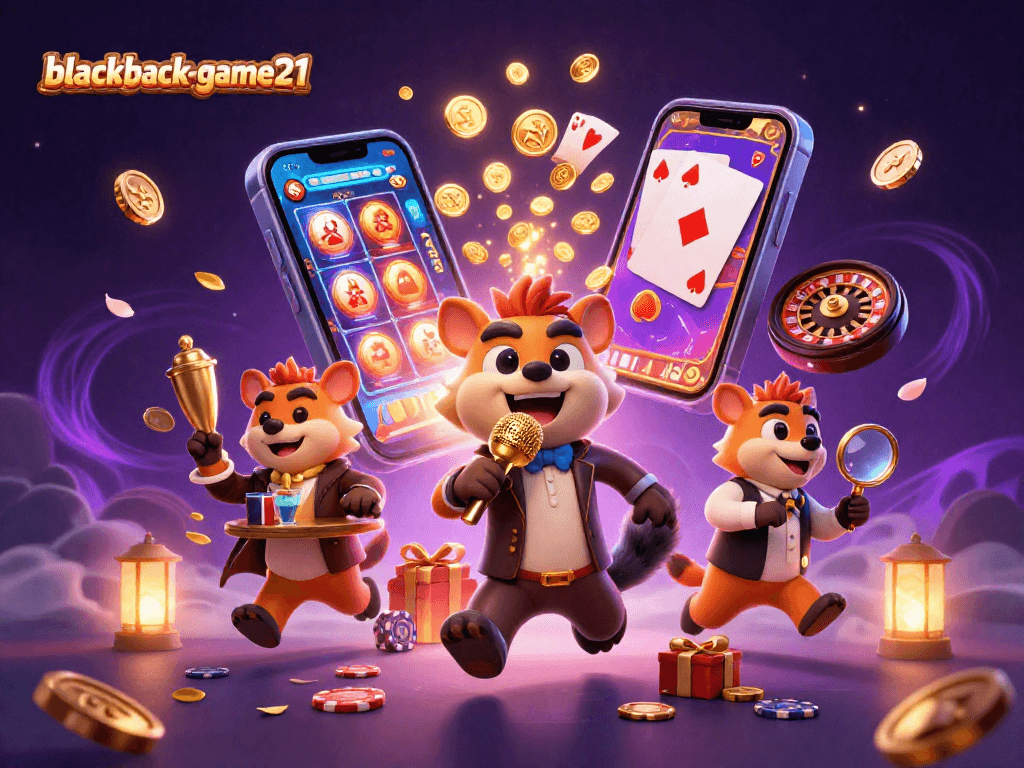 Experience blackjack-game21 action with vibrant 3D hyena characters in a lively casino setting.
