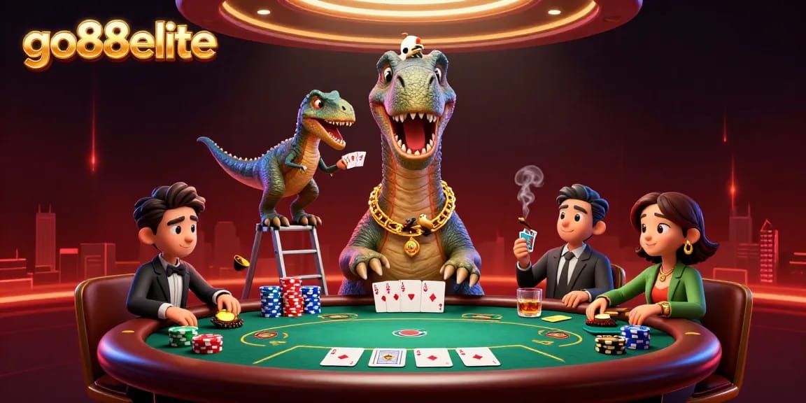 Experience thrilling gameplay with go88elite as a brontosaurus watches over poker action.
