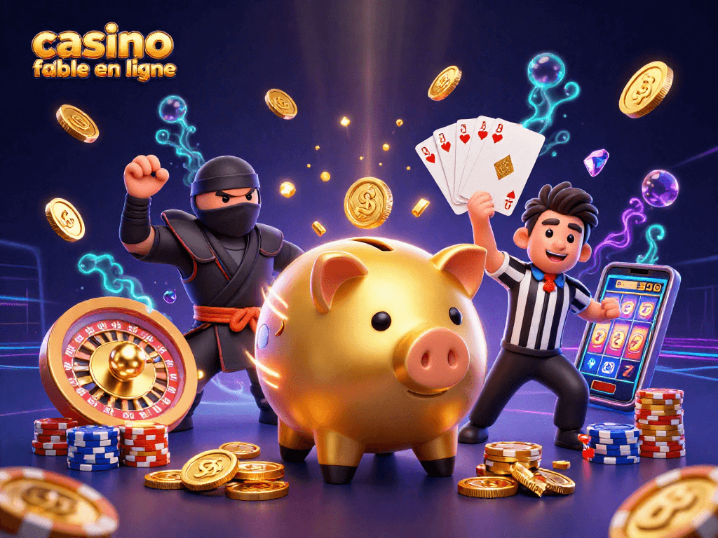 Casino fiable en ligne avec un sumo doré, des pièces d'or, et des jeux de cartes en action.