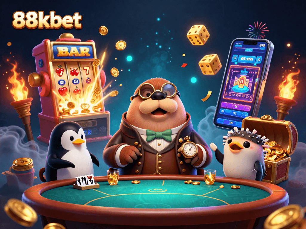 88kbet showcases a jolly walrus engaging in poker with casino elements bursting with excitement.
