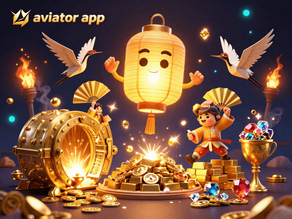 Aviator app illustration showcasing golden lantern spirit, warriors, and treasure in a vibrant casino scene.