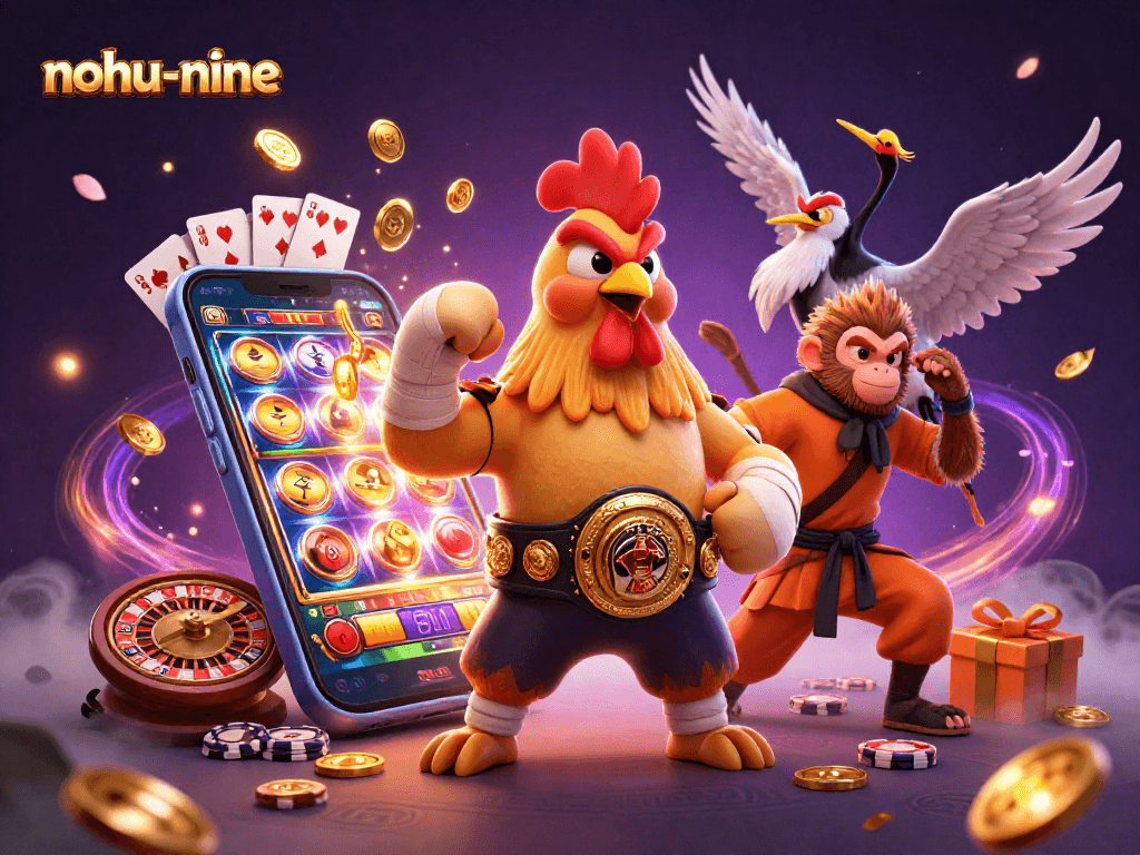 Capture thrilling gameplay in nohu-nine, showcasing 3D characters with casino elements and vibrant imagery.