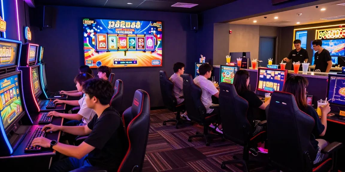 Experience fun เกมสล็อต gaming atmosphere in a vibrant gaming lounge filled with excitement and energy.