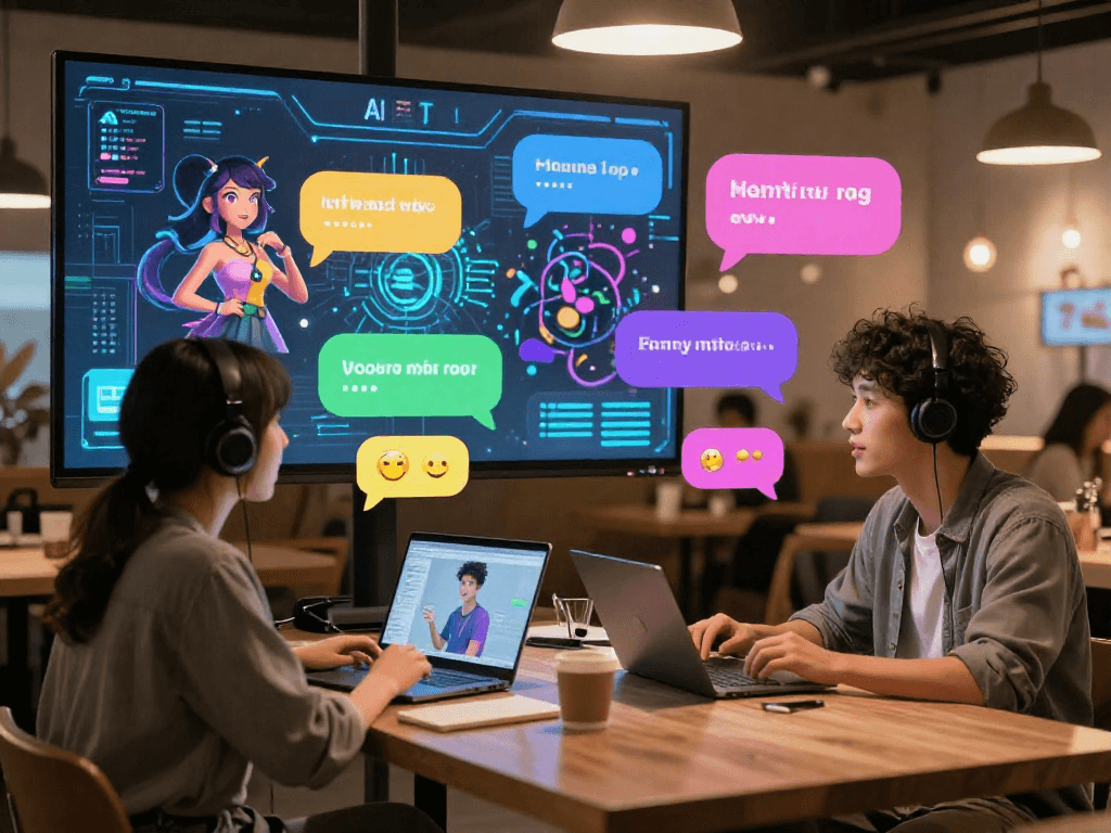 Engaging ai hentai chat conversation in a vibrant virtual café.