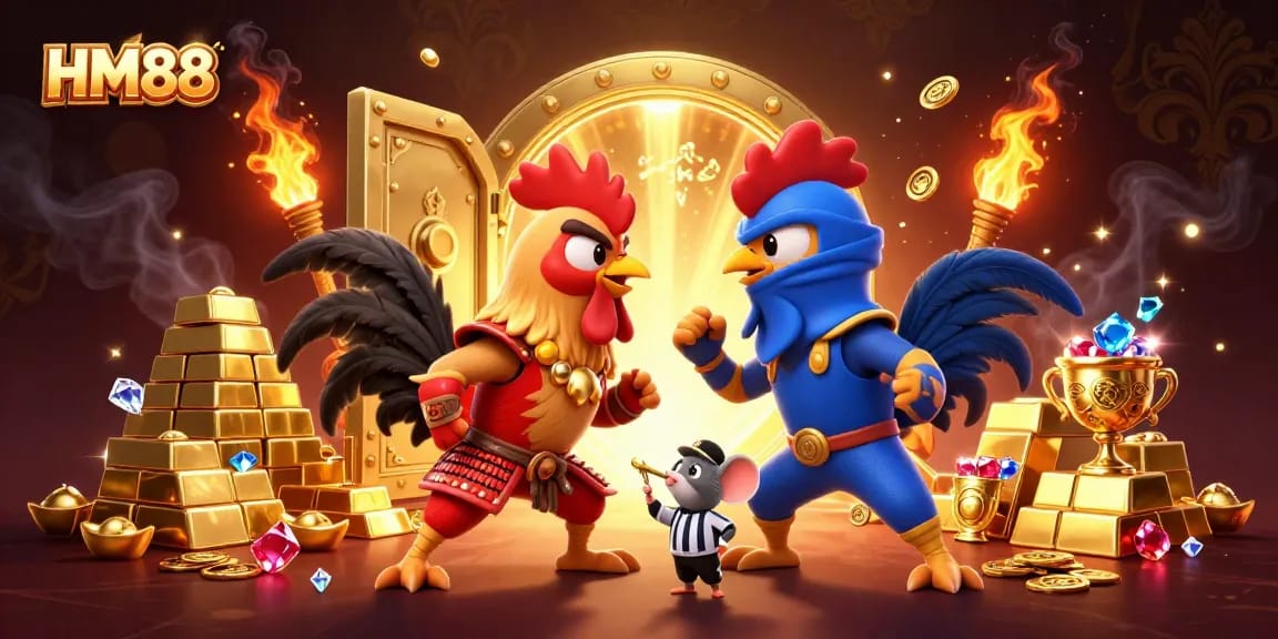View HM88's dramatic standoff between samurai and ninja roosters in a vibrant casino scene filled with treasures.