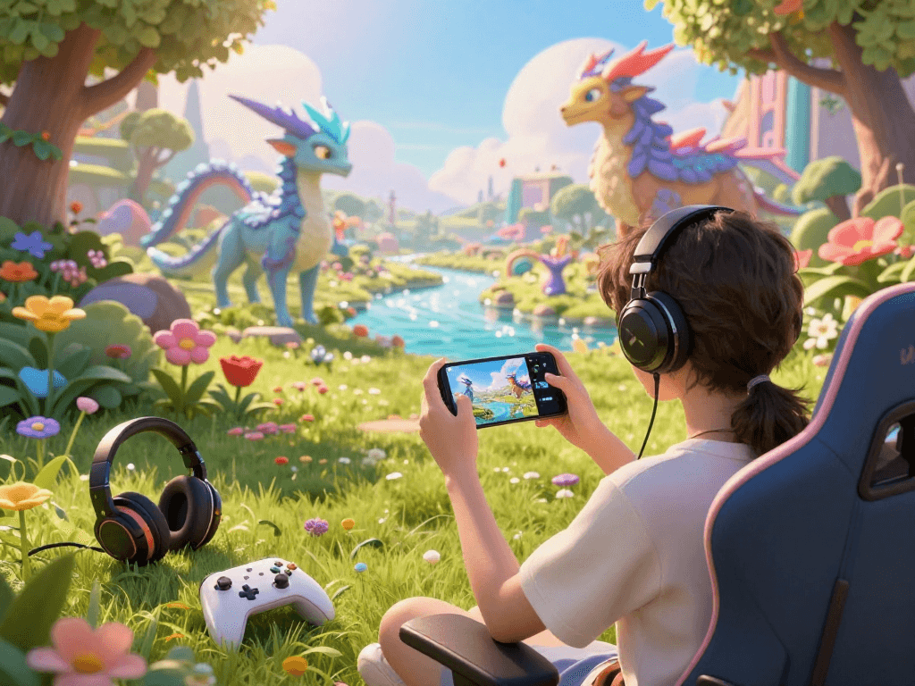 Exciting femboy porn games scene with colorful fantasy characters playing on mobile devices.