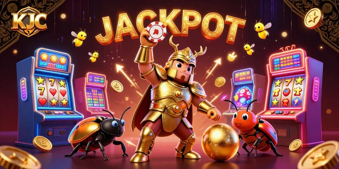 KJC introduces a victorious beetle lifting a poker chip amidst vibrant casino elements.