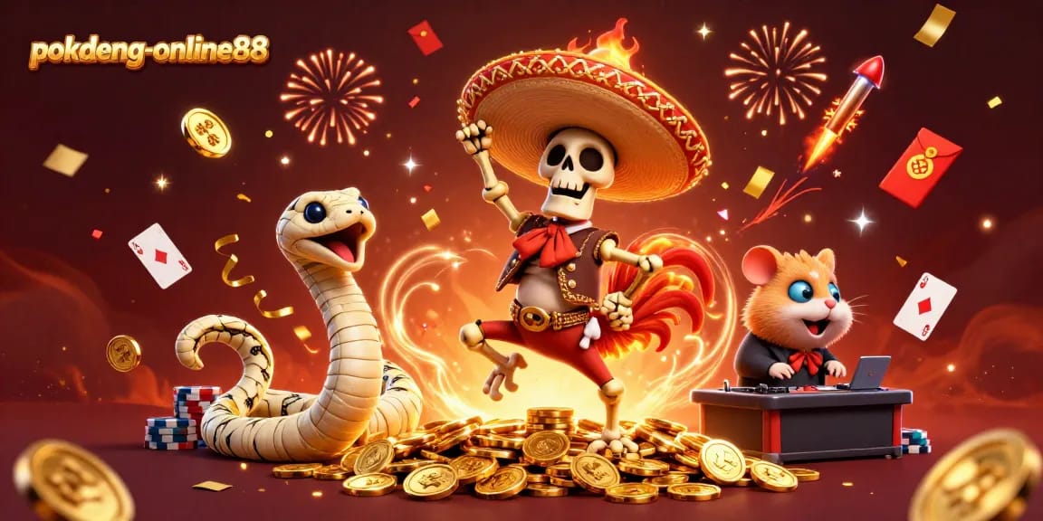 Experience the excitement of pokdeng-online88 as characters celebrate around poker cards and coins, capturing thrilling moments.