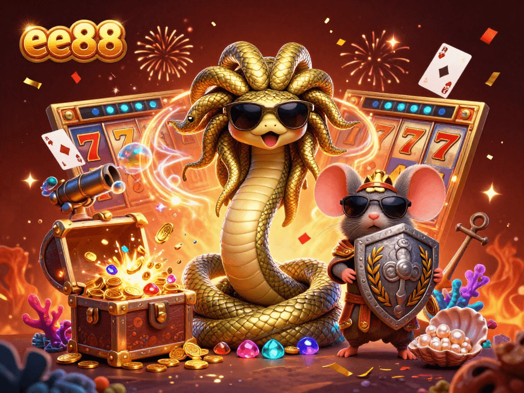 Spin the reels with the charming Medusa and warrior mouse in this vibrant ee88 casino scene.