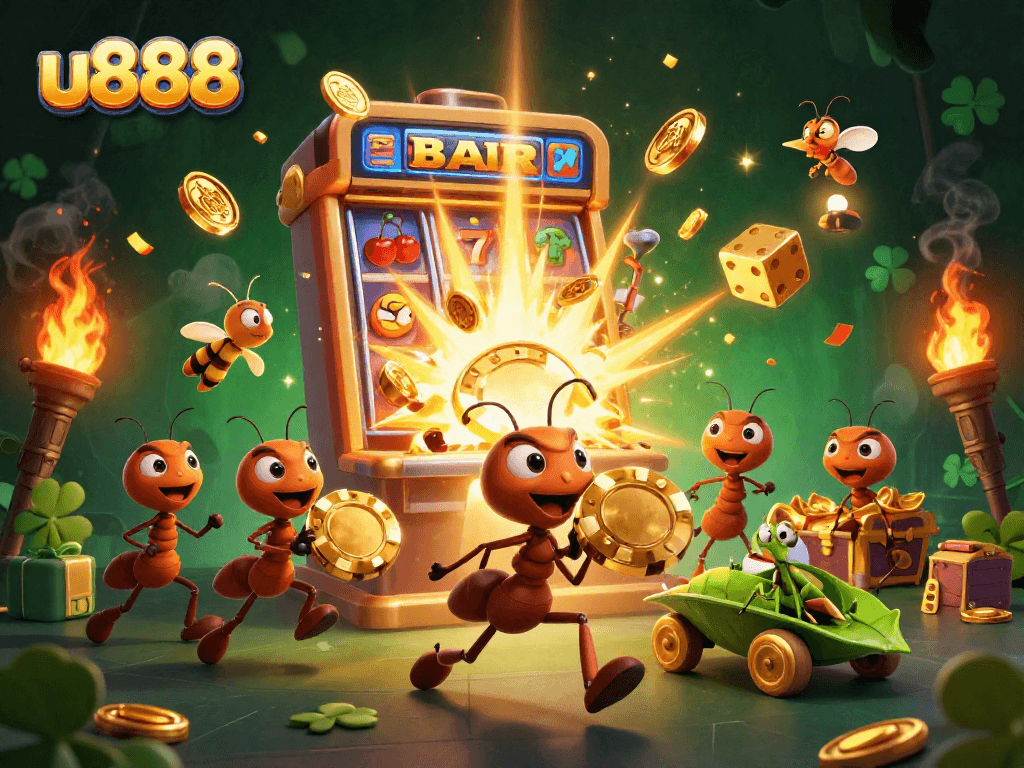 Experience the excitement of u888 with cartoon ants stealing a giant poker chip, surrounded by bright casino elements.