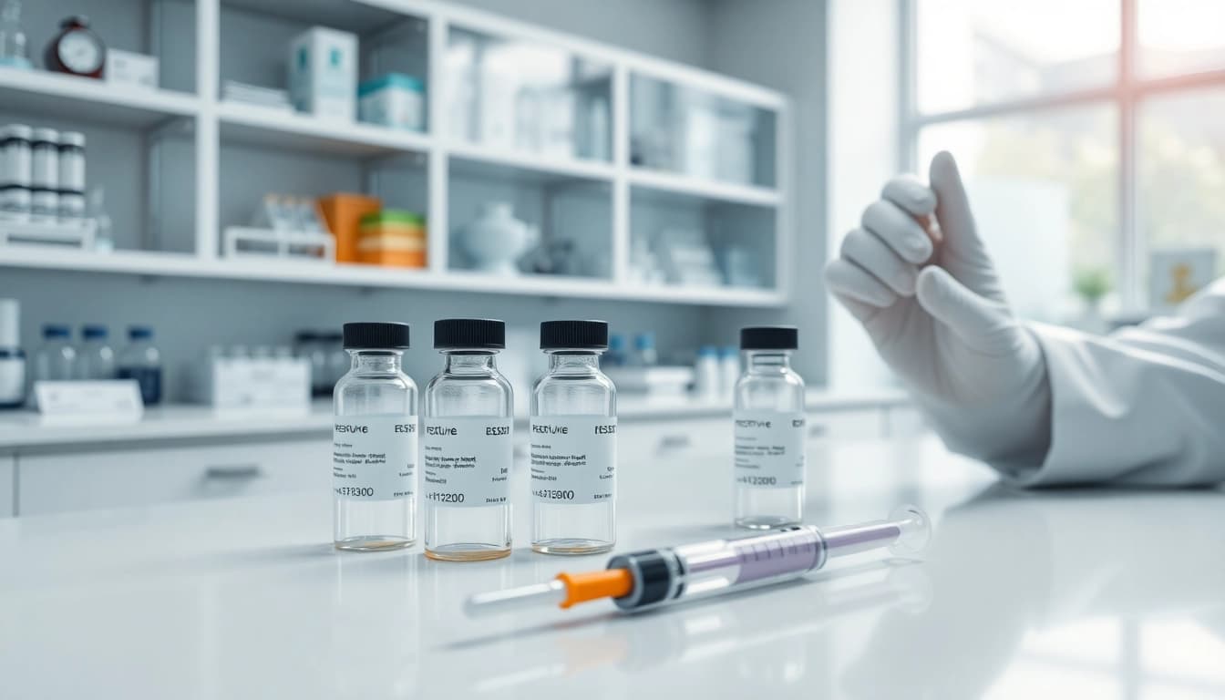 Showcase of peptide shop reviews with detailed research equipment in focus and a sterile environment.