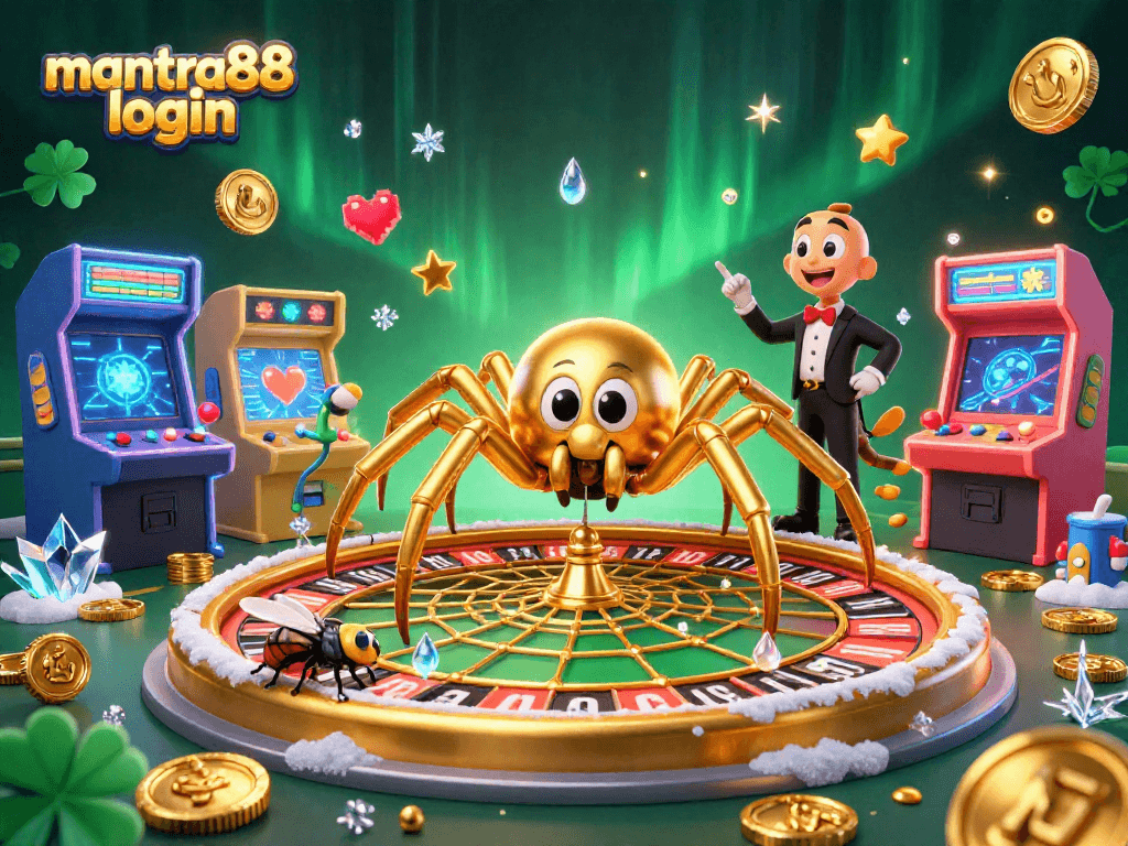 Engage with mantra88 login to place bets in an exciting casino environment featuring a golden spider and lively game elements.