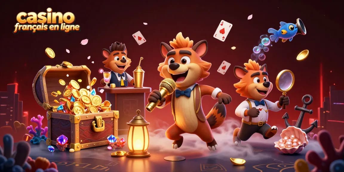 Jouez au casino français en ligne avec des hyènes amusantes dans une scène dynamique et colorée.