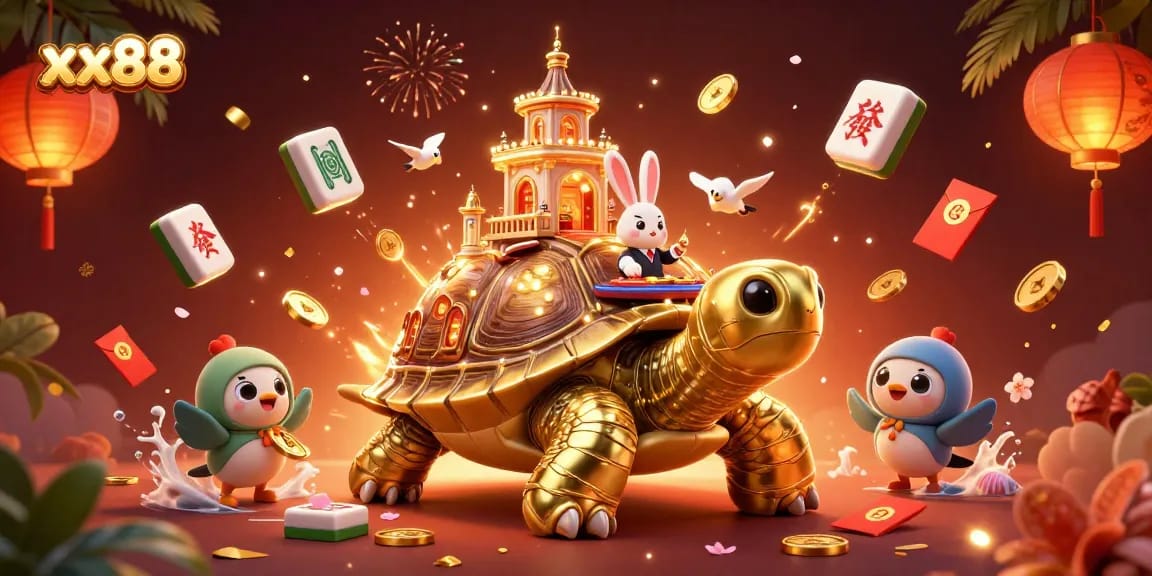 Experience gaming excitement at xx88 with a golden tortoise casino scene filled with vibrant and lucky elements.