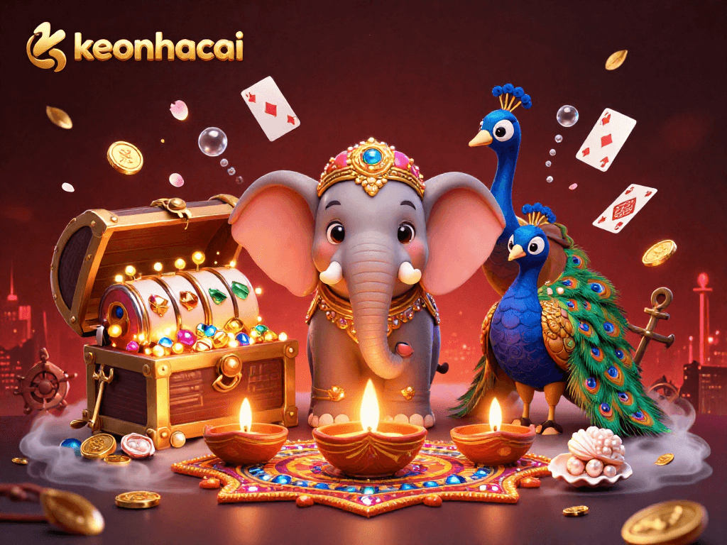Engage with keonhacai in this vibrant casino illustration featuring a festive elephant and slot reels.