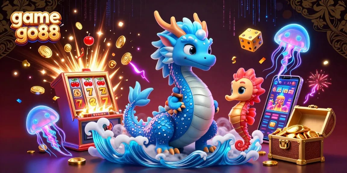 Experience thrilling gameplay in game go88 with a vibrant 3D casino scene featuring dragon, seahorse, and stunning slot machine.