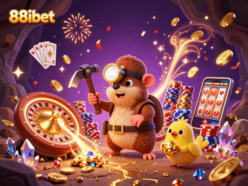 Experience 88ibet's thrilling gaming journey with a treasure hunter mole and dazzling casino elements.