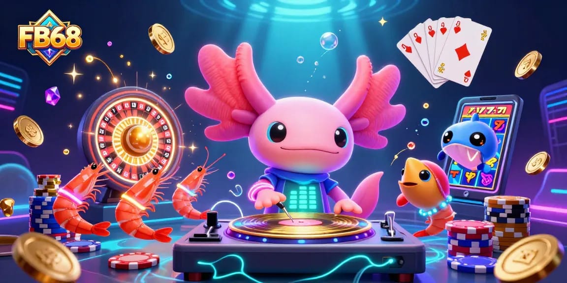 Experience the vibrant gaming atmosphere of FB68 with the lively axolotl DJ and winning elements.