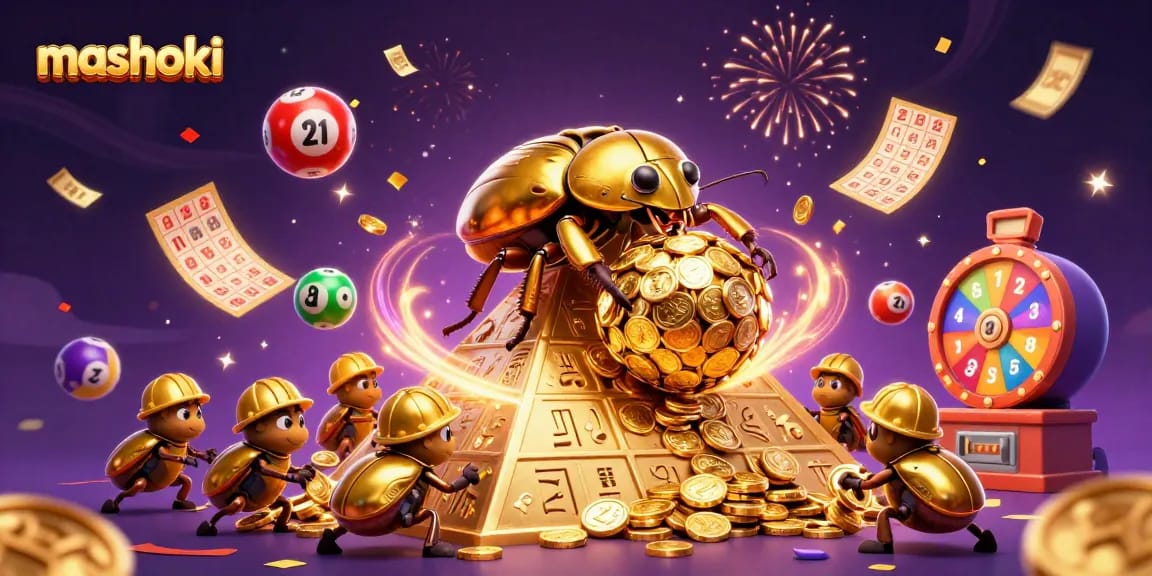 Experience the thrill of mashoki as golden beetles roll coins in a vibrant casino-themed scene.