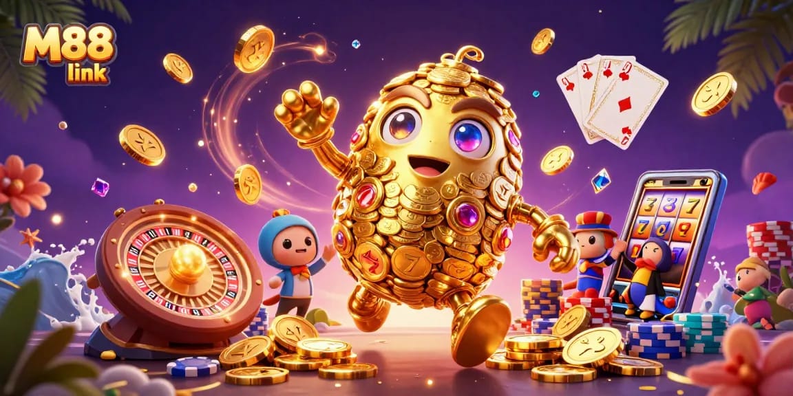 Bet on exciting games with M88 link, featuring a dynamic golden golem and stunning casino elements.