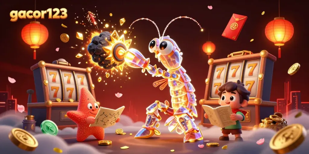 Engage with gacor123 as a cartoon samurai shrimp punches through an asteroid, revealing gems.