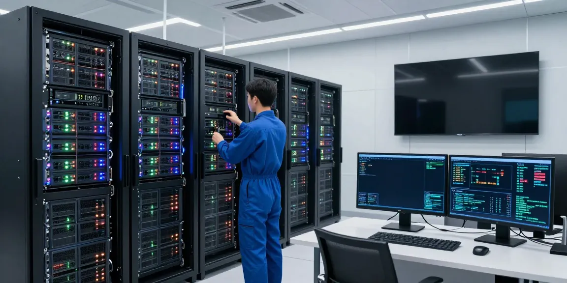 Technician inspecting GPU servers in a modern AI infrastructure for AI inference operations.