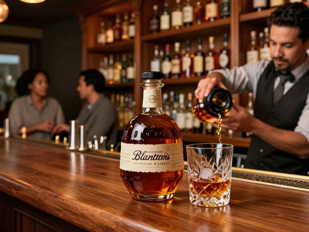 Blanton's Single Barrel Bourbon shown at a stylish bar with a bartender pouring into a glass, creating an inviting atmosphere.