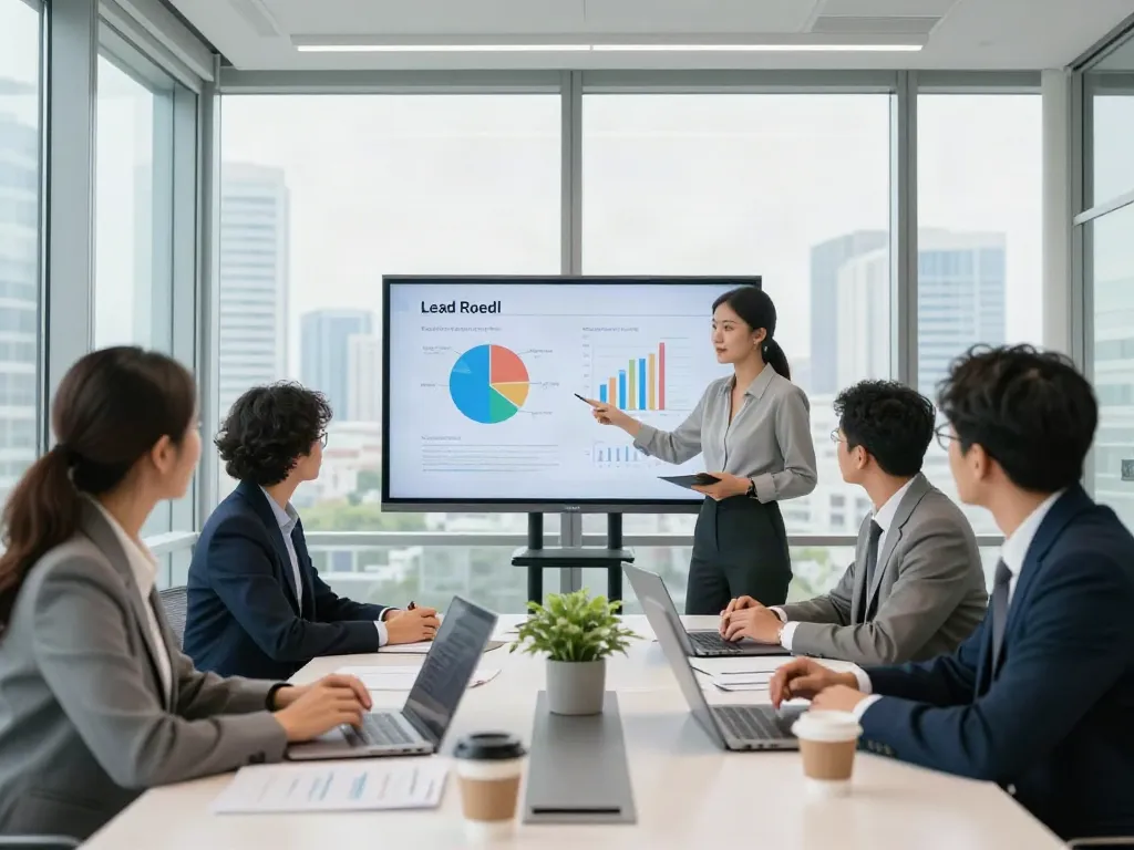 Team meeting discussing Lead Roedl project in a modern conference room.
