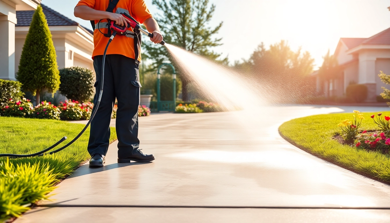 Driveway cleaning in action, showcasing a professional removing dirt and stains effectively.