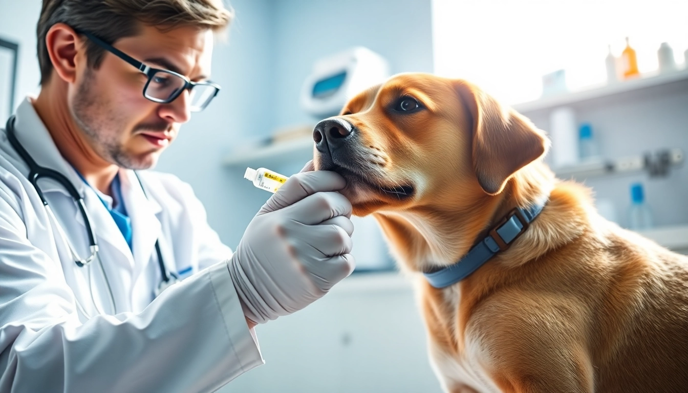 Veterinarian applying DMSO for dogs with careful attention in a clinical setting.