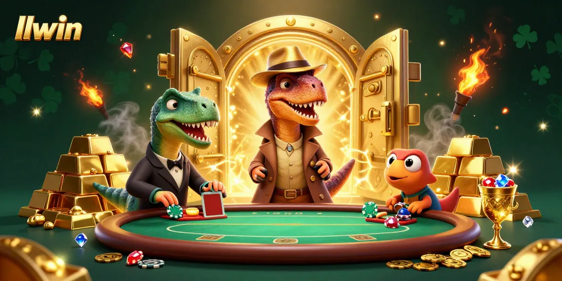 llwin's poker experience comes alive with cartoon dinosaurs at a vibrant, treasure-filled table.