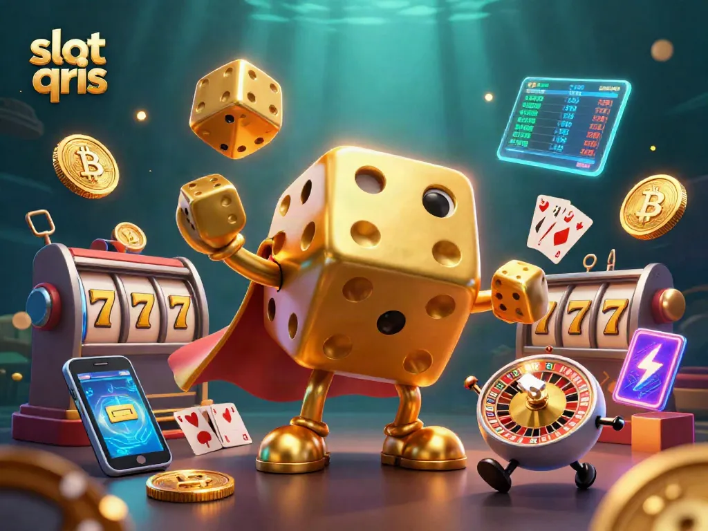 Experience the thrill of playing slot qris with an engaging 3D illustration showcasing vibrant casino elements and golden dice.