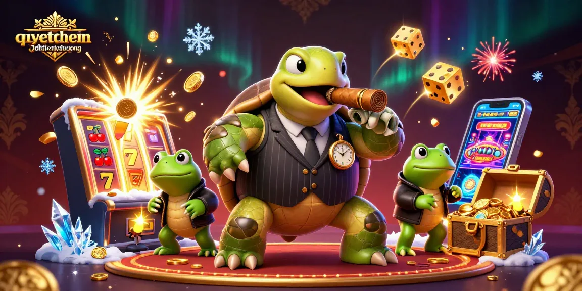 Experience the excitement of quyetchientienthuong with a jackpot-winning scene featuring a cartoon turtle and bullfrogs.