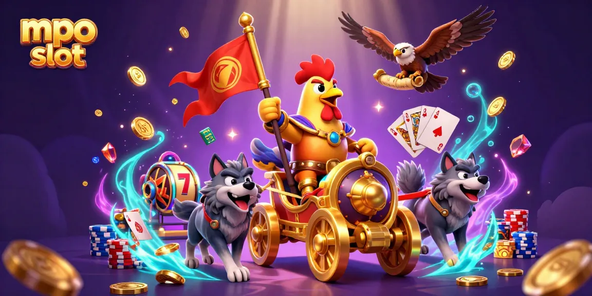 Experience thrilling gameplay in mpo slot with a dynamic scene of a rooster warlord and casino elements.