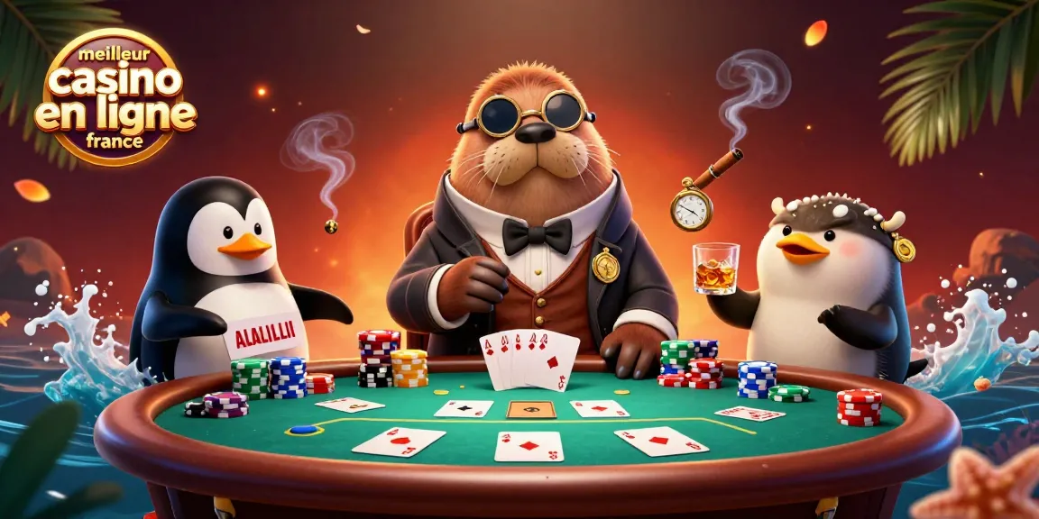 Jouez au meilleur casino en ligne France avec cette scène animée de morses et de pingouins au poker