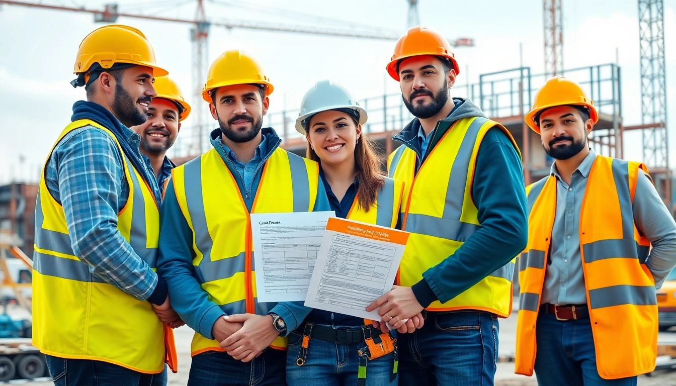 Illustration of construction safety compliance resources, highlighting essential safety tools at a job site.