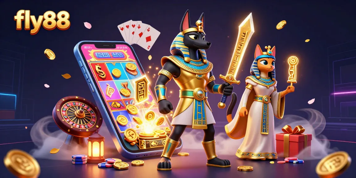 Spin to win at fly88 with Anubis and Bastet in this vibrant 3D casino scene.