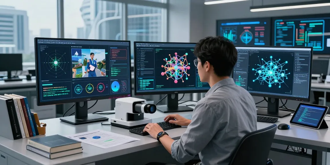AI Image Detector in action analyzing AI-generated images in a modern tech lab.