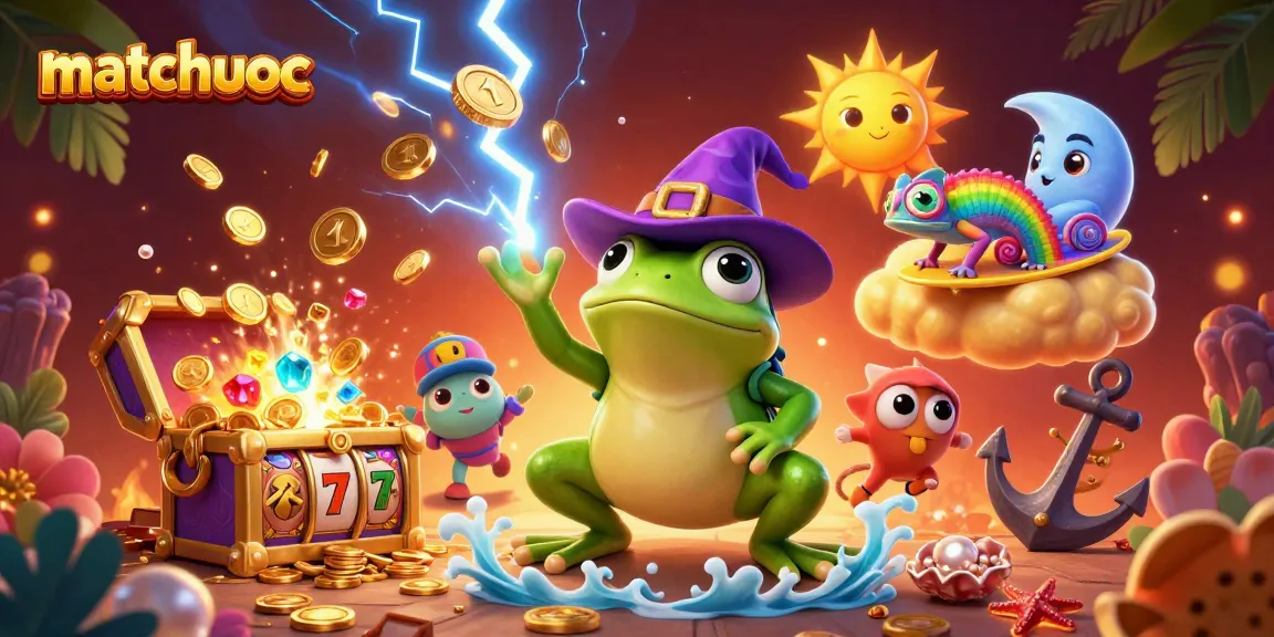 Experience the excitement of matchuoc with a vivid scene of a wizard frog and chameleon at a vibrant casino.