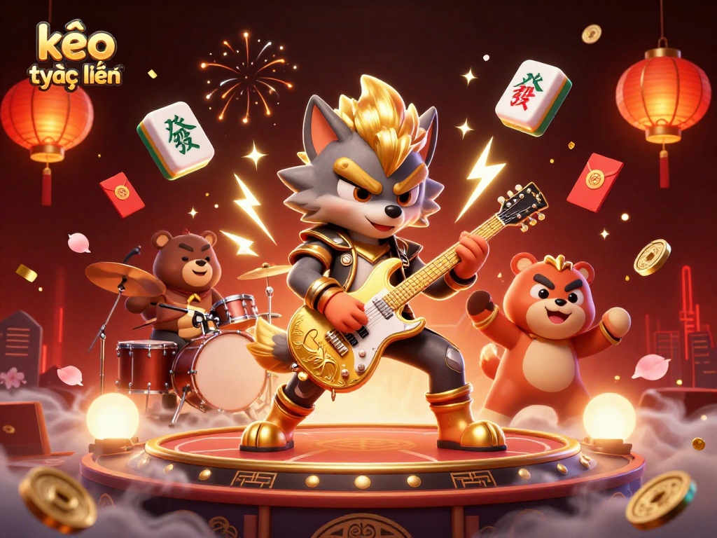 Experience kèo trực tuyến with a thrilling scene of a rock star wolf and drummer bear in a vibrant casino setting.
