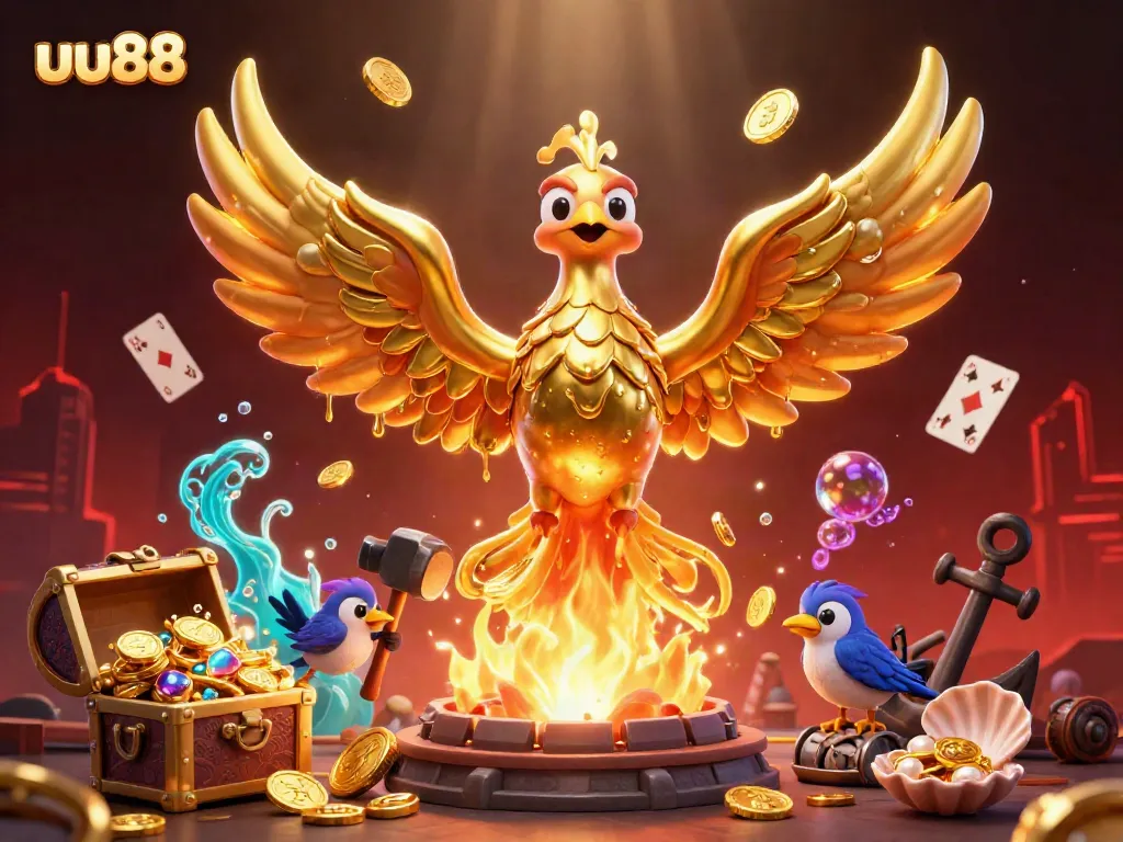 Experience the excitement of uu88 with a golden phoenix emerging from molten metal amidst a dynamic casino scene.